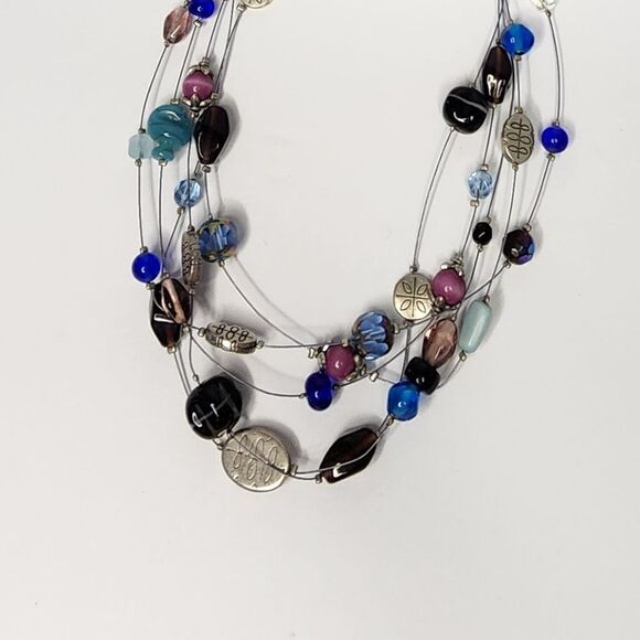 Lia Sophia Colorful Blue Purple Glass Bed Station Wire Necklace Silvertone - Picture 3 of 6